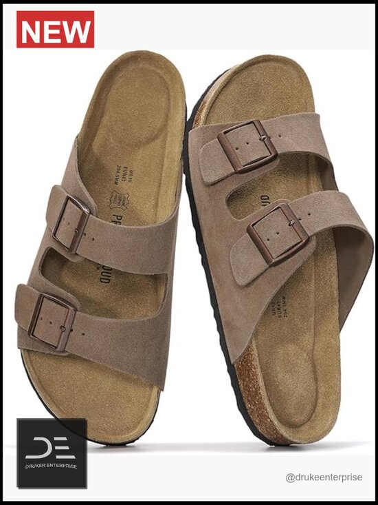 Genuine Leather Sandals with Memory Foam Insole Cork Footbed Non-Slip Slide